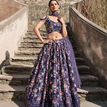 Purple   Print with Sequins Embellished Work  lehenga choli with Net dupatta