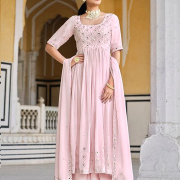 Pink Georgette   Thread Sequence Embroidery Work  Anarkali Flared Long Gown