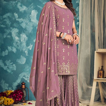 Dusty Purple  thread ,Sequence Zari Embroidery Work sharara suit For Women