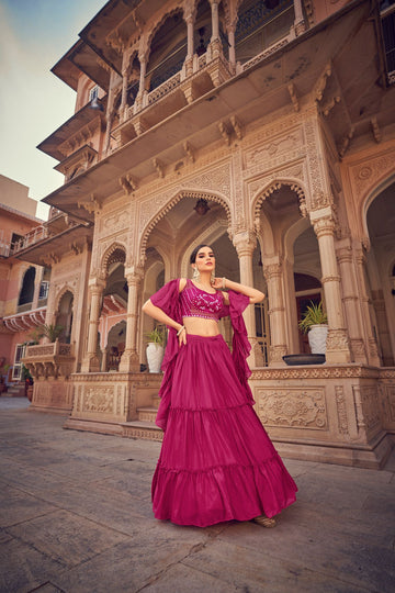 Pink   Embroidery Mirror , Thread work   lehenga choli with  Chinon Silk dupatta