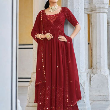 Red  Georgette   Thread Sequence Embroidery Work  Anarkali Flared Long Gown