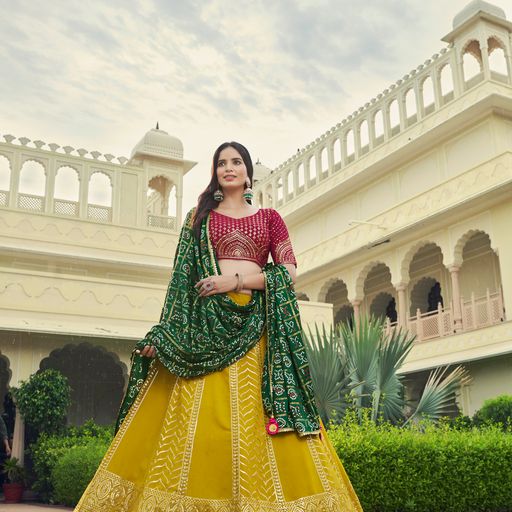 Yellow and Red Thread Siquence  Embroided   Work  lehenga choli with Silk dupatta