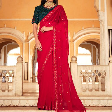 Red Chinon Silk  saree for women
