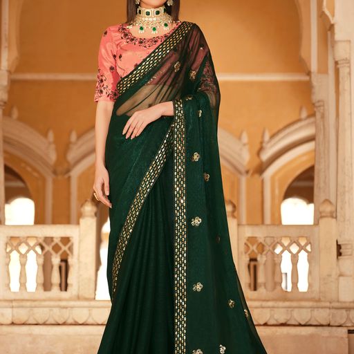 Green Chinon Silk  saree for women