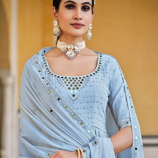 Sky Blue Georgette   Thread Sequence Embroidery Work  Anarkali Flared Long  Gown