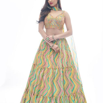 Multi  perrot  Thread and Mirror  Work   lehenga choli with Chinon Silk  dupatta