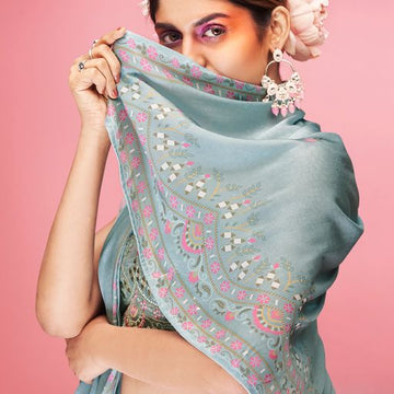 Sky Blue Crush ,  Thread and Hand  Work  lehenga choli with Satin  dupatta