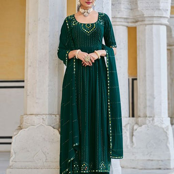 Green Georgette   Thread Sequence Embroidery Work  Anarkali Flared Long Gown