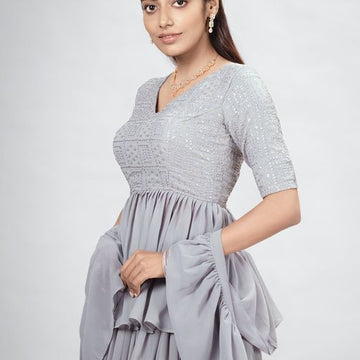 Grey Mukaish ,Sequence and Thread  Work  lehenga choli with Georgette dupatta
