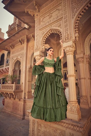 Mehendi Embroidery Mirror , Thread work lehenga choli with Chinon  Silk  dupatta