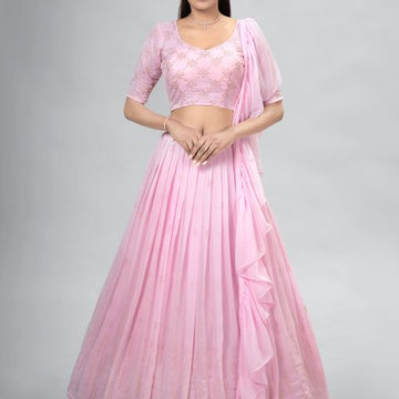 Light Pink Mukaish ,Sequence and Thread  Work  lehenga choli with Georgette dupatta