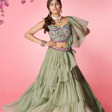 Mehendi  Thread and Hand  Work   lehenga choli with Chiffon   dupatta