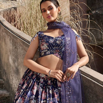 Purple   Print with Sequins Embellished Work  lehenga choli with Net dupatta