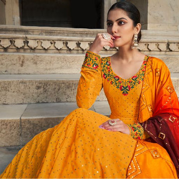 Yellow Georgette With Embroidery work Anarkali Flared Long  Gown
