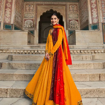 Yellow Georgette With Embroidery work Anarkali Flared Long  Gown