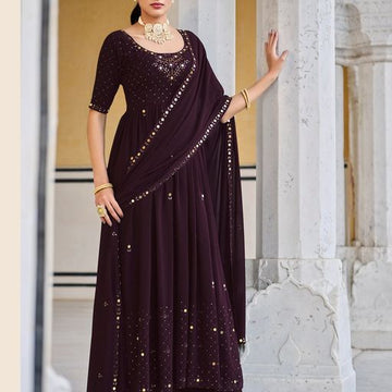 Purple Georgette   Thread Sequence Embroidery Work  Anarkali Flared Long Gown
