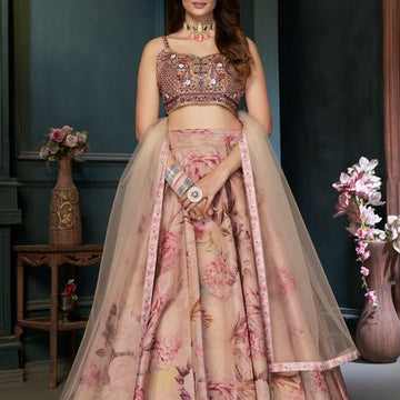 Beige  Mirror , sequence and  Hand  Work  lehenga choli with Net  dupatta