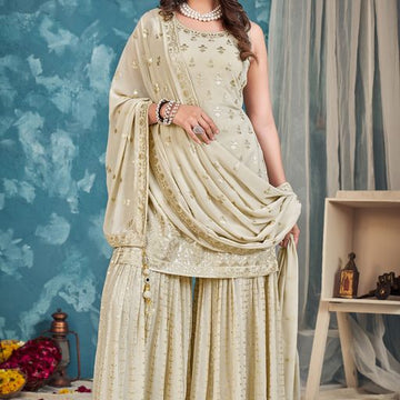 Beige  thread ,Sequence Zari Embroidery Work sharara suit For Women