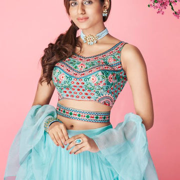 Sky Blue  Thread and Hand  Work  lehenga choli with Chiffon   dupatta