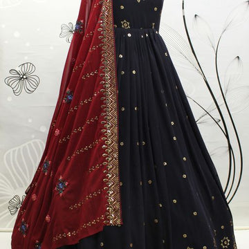 Black  Georgette   Embroidery Sequence Work  Anarkali Flared Long  Gown