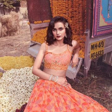 Orange Thread Hand Work    lehenga choli with  Chinon Silk dupatta