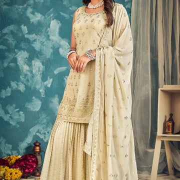 Beige  thread ,Sequence Zari Embroidery Work sharara suit For Women