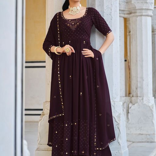 Purple Georgette   Thread Sequence Embroidery Work  Anarkali Flared Long Gown