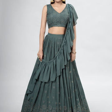 Dark Green Mukaish ,Sequence and Thread  Work  lehenga choli with Georgette dupatta