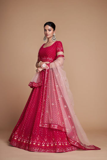 Pink  Embroidery  Work  ehenga choli with Net dupatta