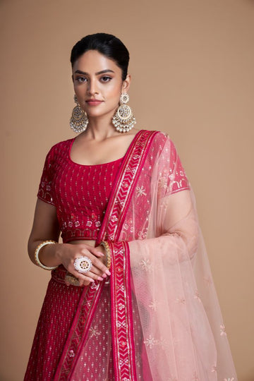 Pink  Embroidery  Work  ehenga choli with Net dupatta