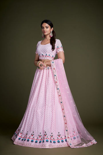 Light Pink  Embroidery  Work  lehenga choli with Net dupatta