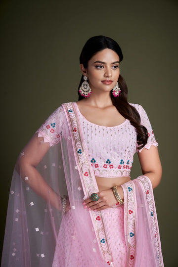 Light Pink  Embroidery  Work  lehenga choli with Net dupatta