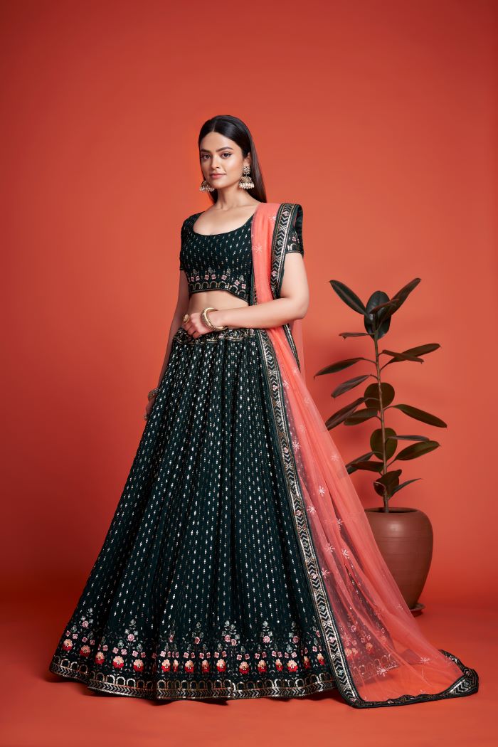 Green  Embroidery  Work  lehenga choli with Net dupatta