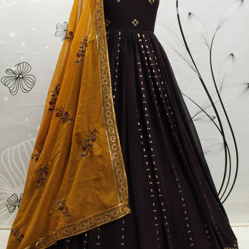 Coffee Georgette   Embroidery Sequence Work  Anarkali Flared Long  Gown