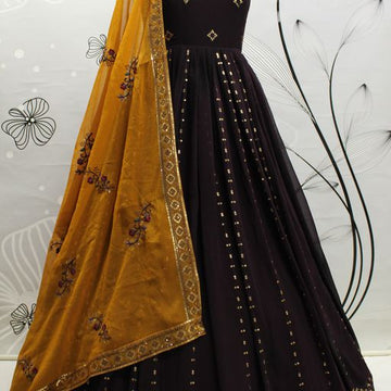 Coffee Georgette   Embroidery Sequence Work  Anarkali Flared Long  Gown