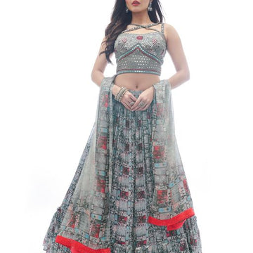 Grey Thread and Mirror  Work  lehenga choli with Chinon Silk dupatta