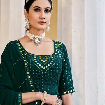 Green Georgette   Thread Sequence Embroidery Work  Anarkali Flared Long Gown