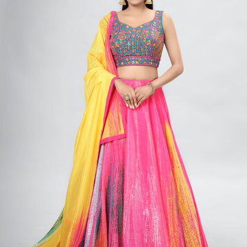 Pink Thread , Digital Print , Hand Work lehenga choli with Art Silk dupatta