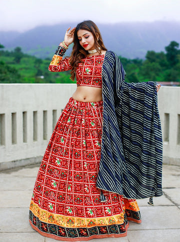 Red Printed With Foil Work ar lehenga choli with Cotton Rayon dupatta