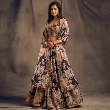 Black   Floral Print ,  Zari and Sequence Embroidery Work lehenga choli with Organza dupatta