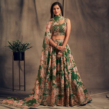 Green  Floral Print ,  Zari and Sequence Embroidery Work lehenga choli with Organza dupatta