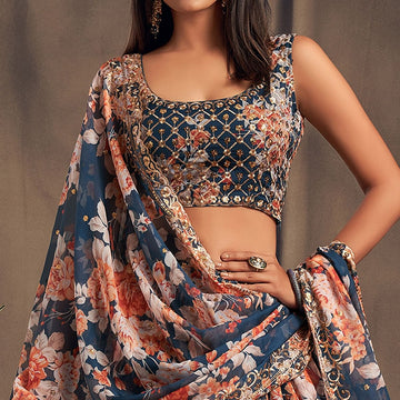 Blue  Floral Print ,  Zari and Sequence Embroidery Work lehenga choli with Organza dupatta