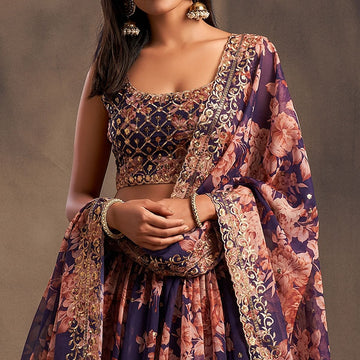 Purple   Floral Print ,  Zari and Sequence Embroidery Work lehenga choli with Organza dupatta