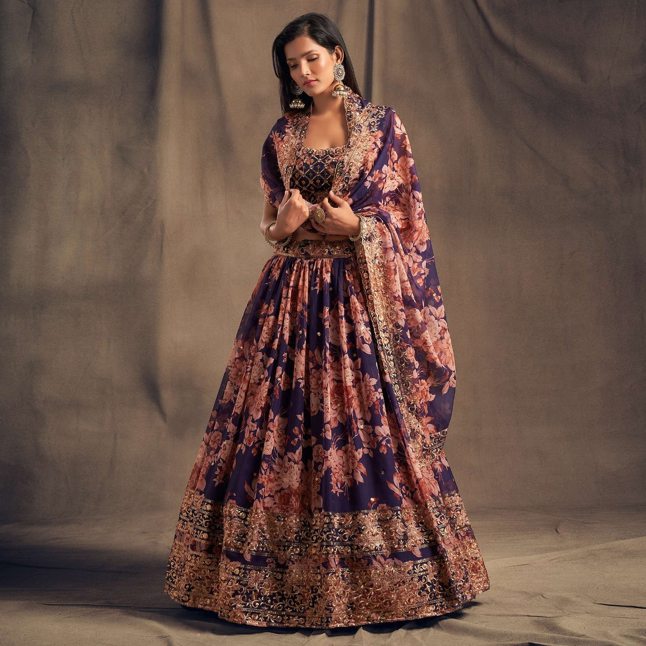 Purple   Floral Print ,  Zari and Sequence Embroidery Work lehenga choli with Organza dupatta
