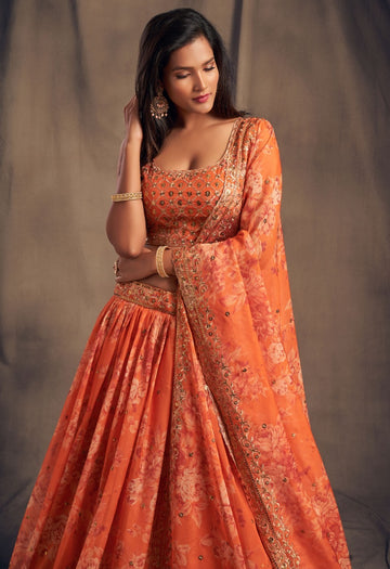 Yellow Floral Print ,  Zari and Sequence Embroidery Work lehenga choli with Organza dupatta