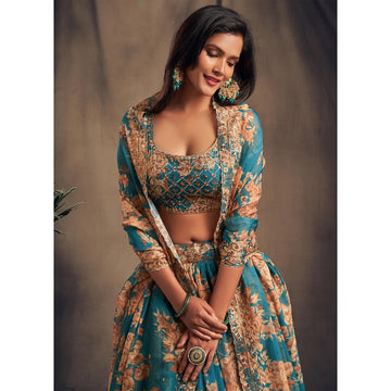Sky Blue  Floral Print ,  Zari and Sequence Embroidery Work lehenga choli with Organza dupatta