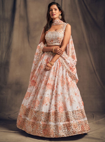 White  Floral Print ,  Zari and Sequence Embroidery Work lehenga choli with Organza dupatta