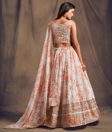 White  Floral Print ,  Zari and Sequence Embroidery Work lehenga choli with Organza dupatta