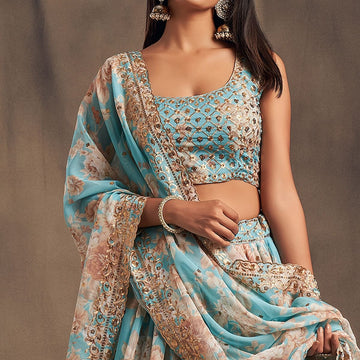 Sky Blue  Floral Print ,  Zari and Sequence Embroidery Work lehenga choli with Organza dupatta