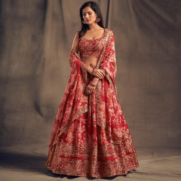 Red Floral Print ,  Zari and Sequence Embroidery Work lehenga choli with Organza dupatta